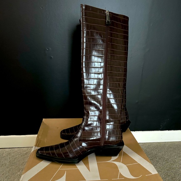 Zara Shoes - Zara Dark Brown Croc-Embossed Knee Boots